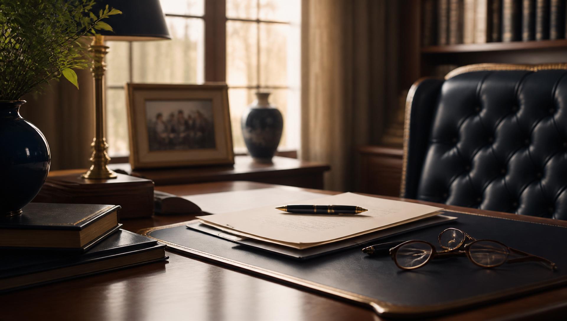 A private study desk with estate planning documents, a fountain pen and reading glasses in warm natural light